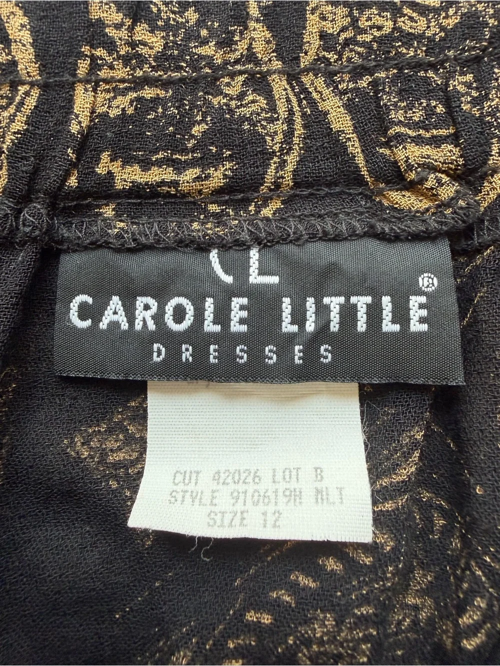 Carole Little Vintage Black & Golden Tan Filigree Patterned Mini Skirt. Size 12